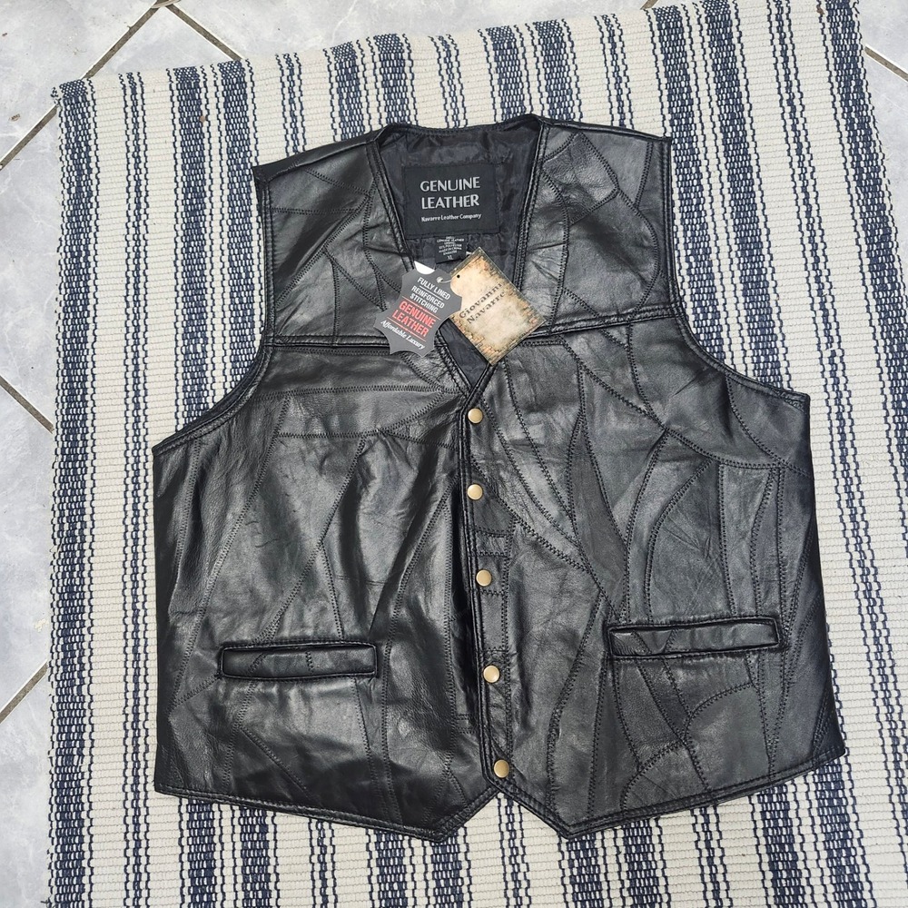 Giovanni Navarre Mens‎ Black Genuine Leather Patchwork Biker Vest XL GFVXLG NWT